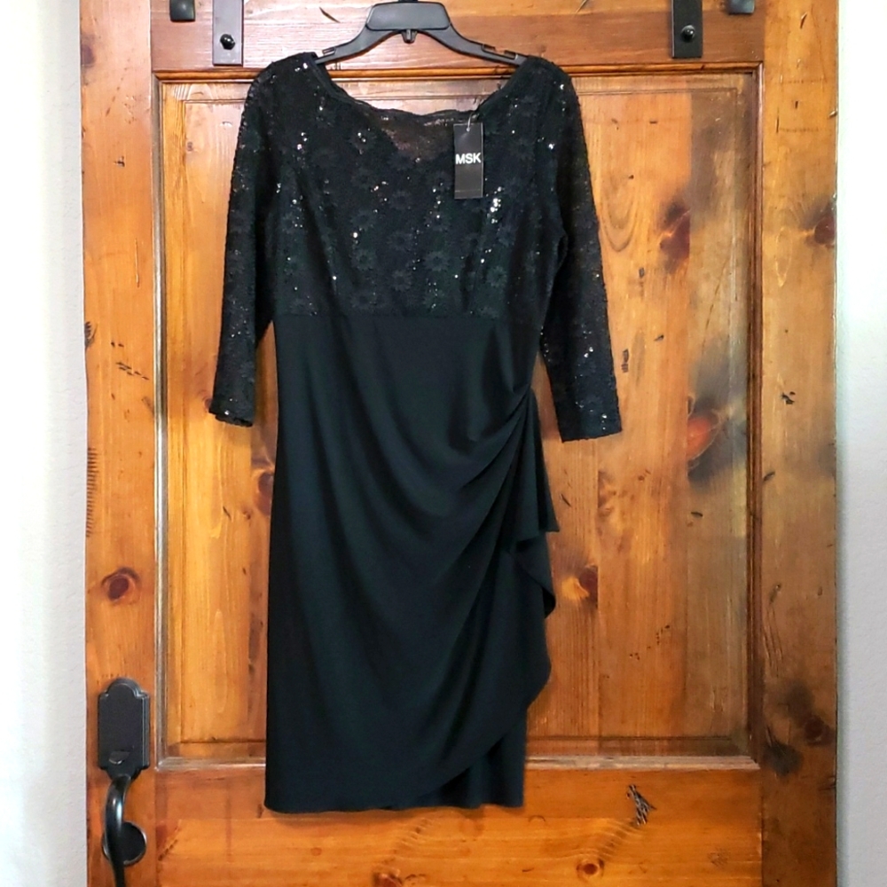 MSK, Black evening dress, lace on top with sequin detail, size M, new with tag